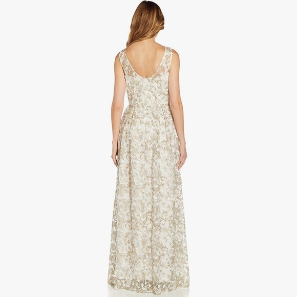 ADRIANNA PAPELL | METALLIC FLORAL EMBROIDERED FIT & FLARE GOWN IVORY GOLD DRESS - Picture 3 of 13
